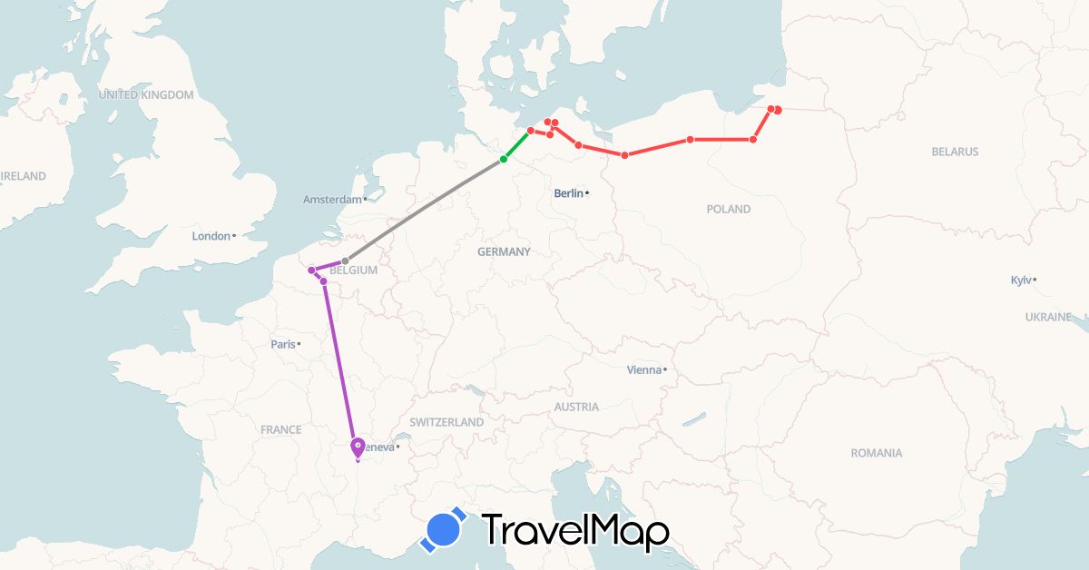 TravelMap itinerary: driving, bus, plane, train, hiking in Belgium, Germany, France, Poland, Russia (Europe)