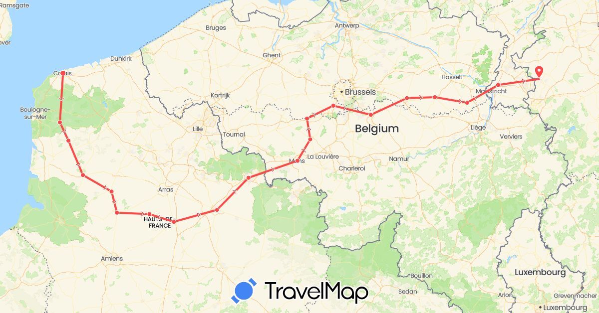 TravelMap itinerary: hiking in Belgium, Germany, France, Netherlands (Europe)